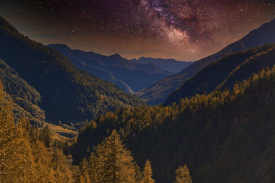 Scenic view of mountains against sky at night