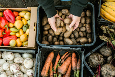 High angle view of food for sale at market stall