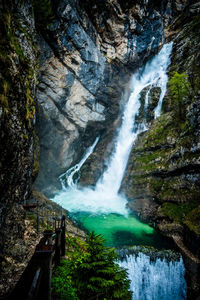 Low angle view of waterfall in forest