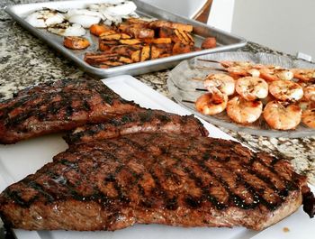 High angle view of meat in plate