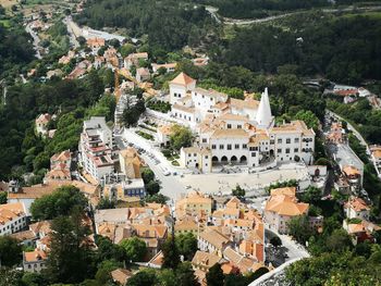 High angle view of buildings in town