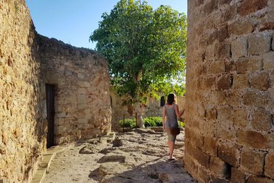 Rear view of boy standing by tree against sky