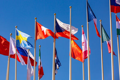 Low angle view of flag flags against sky