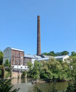 Low angle view of buildings against clear blue sky