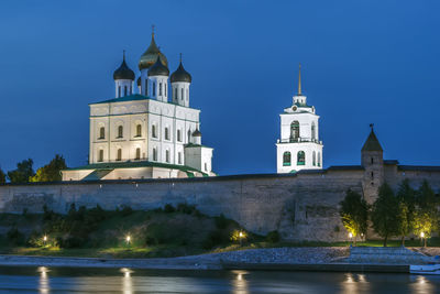 View of krom with the trinity cathedral in evening, pskov, russia