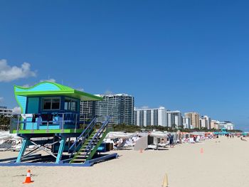 Panoramic view of beach and buildings against clear blue sky. miami south beach