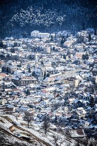 High angle view of cityscape in winter