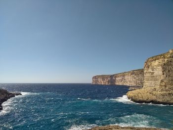 Scenic view of sea against clear blue sky