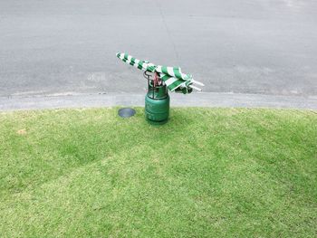 High angle view of toy car on field