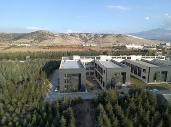 High angle view of buildings against sky