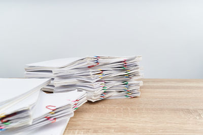 High angle view of documents on table at office