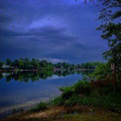 Scenic view of lake against cloudy sky