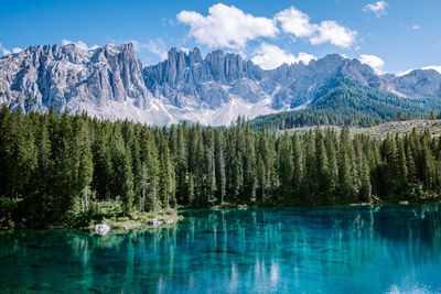 Scenic view of lake by mountains against sky