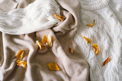 Background with warm sweaters. pile of knitted clothes with autumn leaves, warm background.