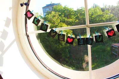 Close-up of clothes hanging on railing against trees