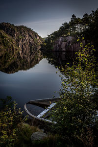 Scenic view of lake by trees against sky