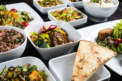 High angle view of food served on table