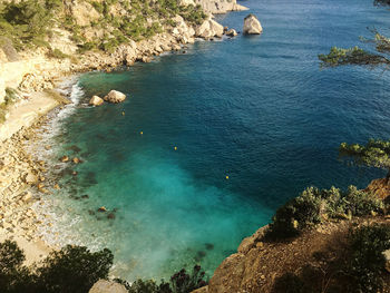 High angle view of rocks on sea