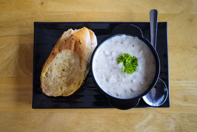 High angle view of breakfast served on table