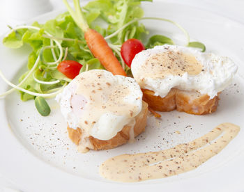 High angle view of breakfast served on table