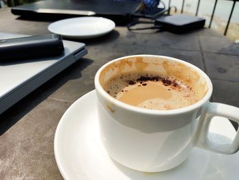 High angle view of coffee cup on table