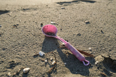 Plastic spoon kids toy discarded on dirty polluted sea ecosystem,planet pollution damage