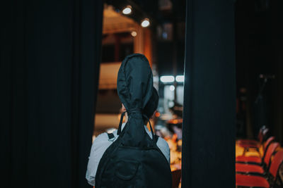 Rear view of man with guitar standing by curtain