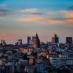 Buildings in city at sunset