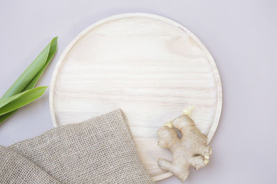 High angle view of food on table against white background