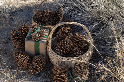 Rustic christmas gifts wrapped in brown paper with green vintage ribbon and pine cone decorations