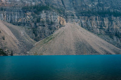 Scenic view of lake by mountains against sky