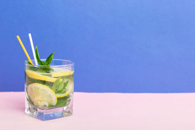 High angle view of food on blue background