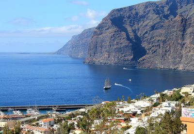 Scenic view of sea by town against sky