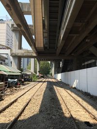 Surface level of railroad tracks amidst buildings in city