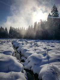 Snow covered landscape against sky