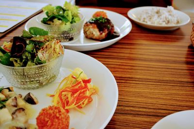 High angle view of food served on table