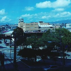 Buildings in city against cloudy sky