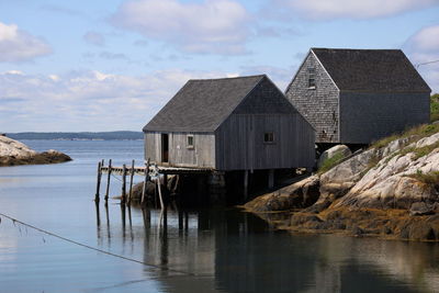 Houses by sea against sky