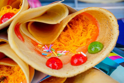 High angle view of fruits in bowl on table