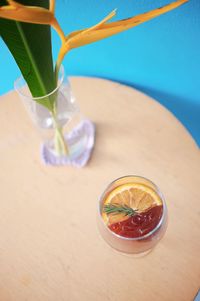 Close-up of drink served on table