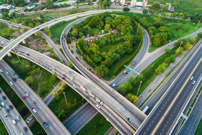 High angle view of vehicles on road in city