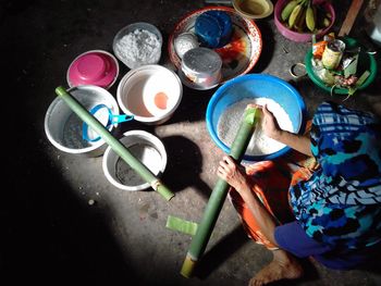 High angle view of various fruits on table