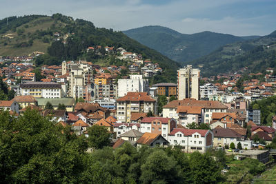 High angle view of buildings in city