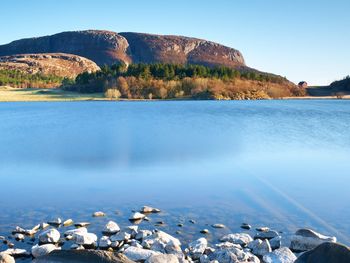 Scenic view of lake and rocks against sky