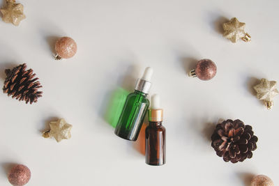 High angle view of christmas decorations on white background