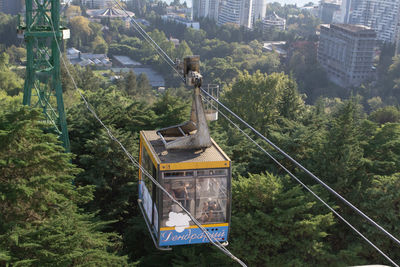 High angle view of trees and buildings in city