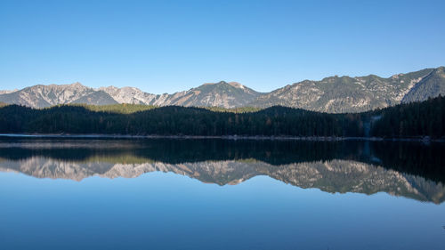 Scenic view of lake and mountains against clear blue sky