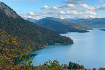 Scenic view of lake and mountains against sky