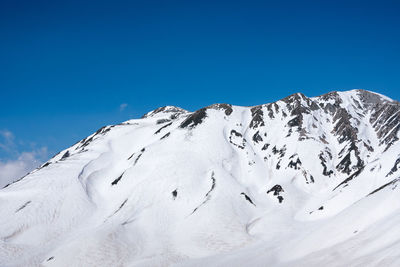 Scenic view of snowcapped mountains against clear blue sky