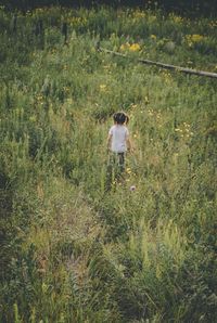 Rear view of a man walking on field